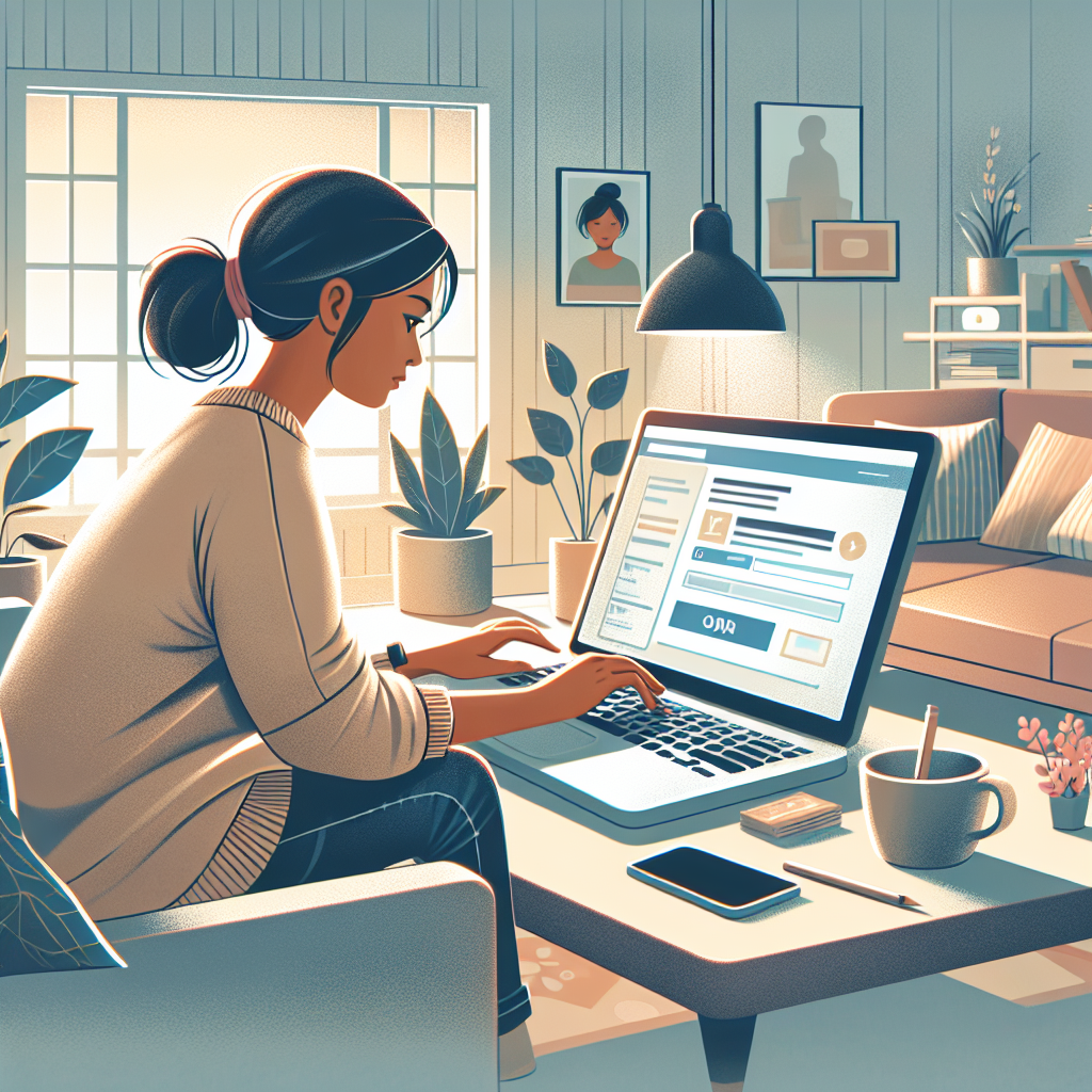 A modern, digital illustration showing a person applying for a loan online through a laptop, set in a cozy home environment.