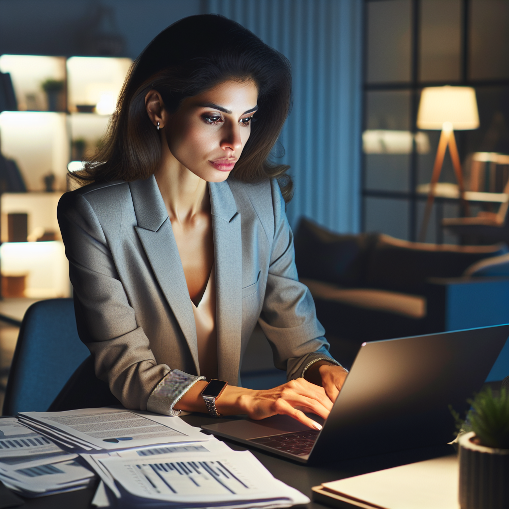 A confident financial agent working on a laptop late at night, surrounded by financial documents, in a modern home office.